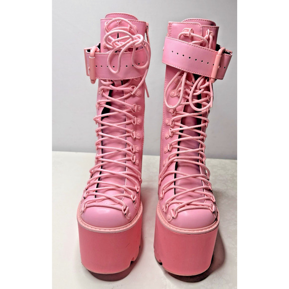 Sugar Thrillz Pink Platform Boots Size 7M Y2K Goth Rave Chunky Wedge Lace Up - Picture 3 of 14